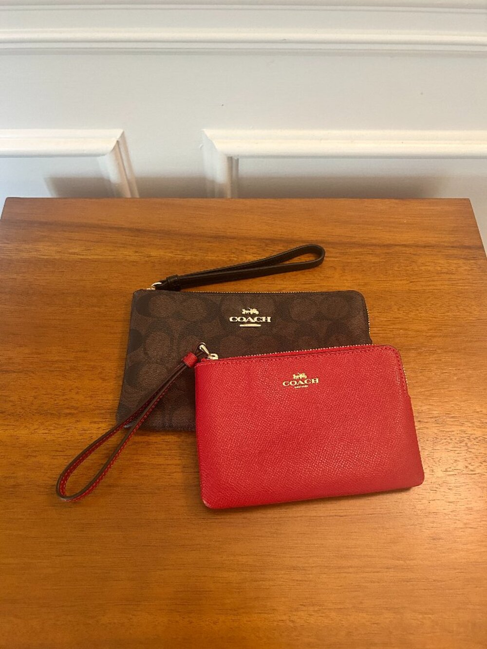 Coach Set of 2 Leather Canvas Wristlets Red Gold Never Used! Like New